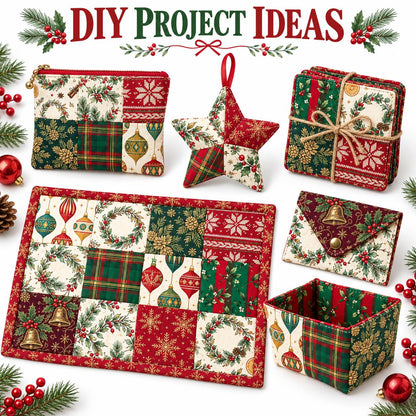 10Pc/Set Christmas Series Stripe Bowknot Wreath Flower Star Plaid Holly Pinecones Fat Quarter Fabric, Pre-Cut Square Fabric Assort, Fabric Set, Craft Fabric, Handmade DIY Patchwork Fabric,Home Quilting Sewing Fabric, Packaging Fabric, Scrapbooking Craft H
