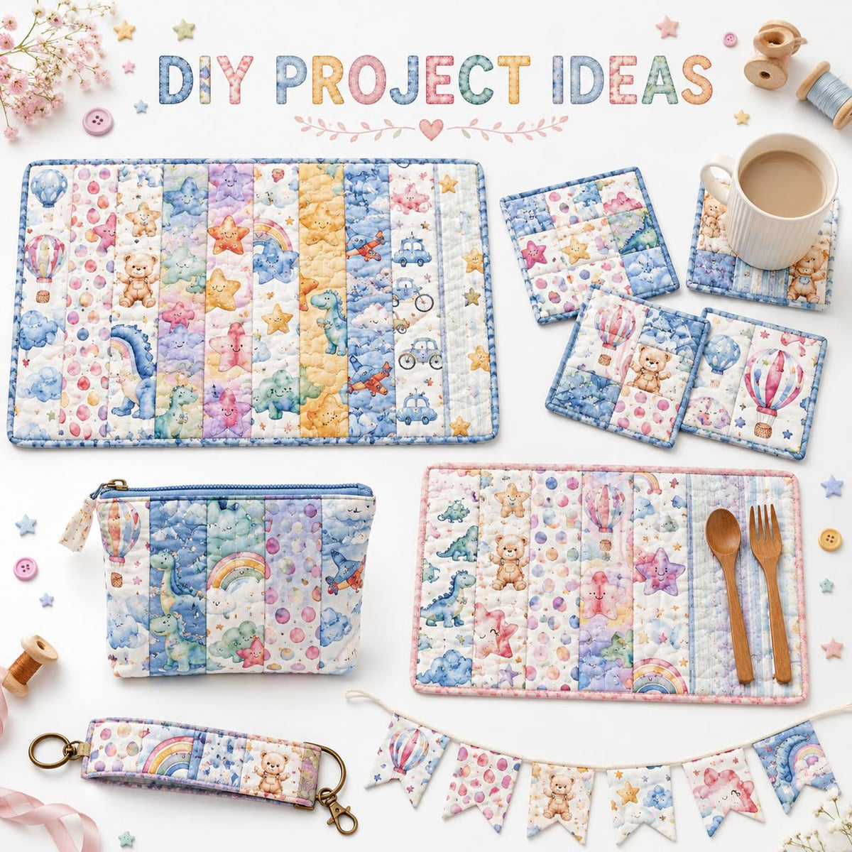 10pcs Vintage Star Bear Fire Balloon Pattern Jelly Roll Fabric Strips 2.5X19.7inch Pre-Cut 100% Polyester For Patchwork Quilts, Table Runners, Placemats, Tote Bags, Storage Pouches, Makeup Bags, Coasters, Quilt Blocks & Binding