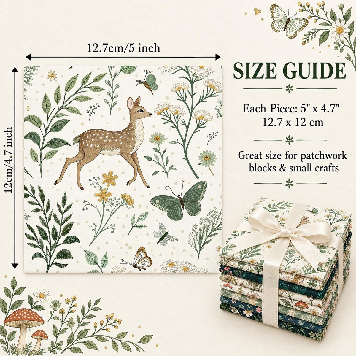 10Pc/Set Flower Butterfly Series Deer Mushroom Fox Fat Quarter Fabric, Pre-Cut Square Fabric Assort, Fabric Set, Craft Fabric, Handmade DIY Patchwork Fabric,Home Quilting Sewing Fabric, Packaging Fabric, Scrapbooking Craft Hobbyist