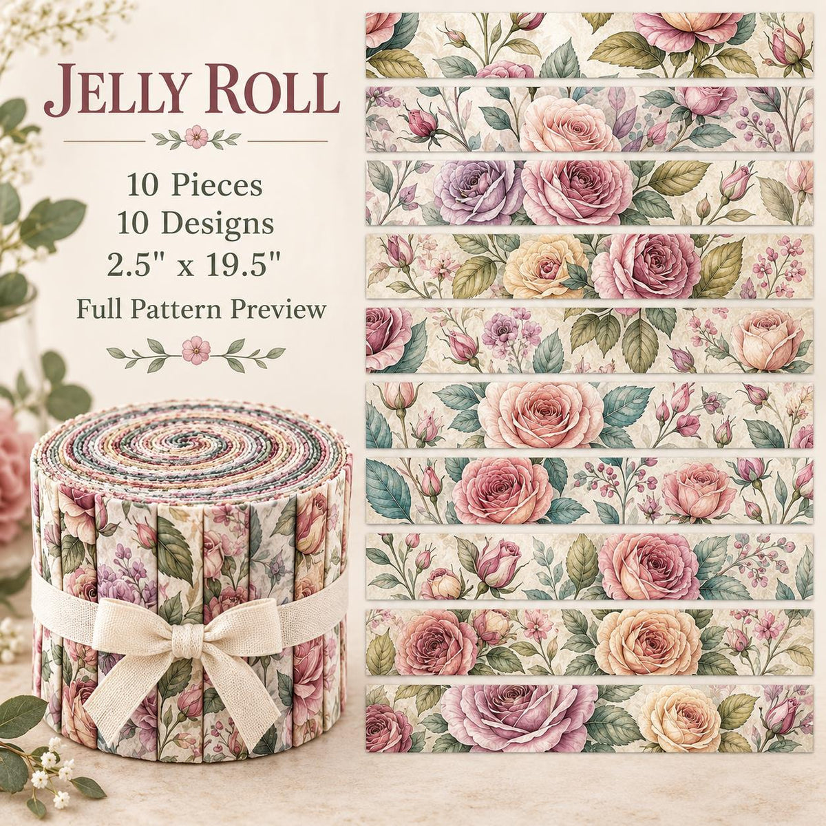 10pcs Vintage Floral Pattern Jelly Roll Fabric Strips 2.5X19.7inch Pre-Cut 100% Polyester For Patchwork Quilts, Table Runners, Placemats, Tote Bags, Storage Pouches, Makeup Bags, Coasters, Quilt Blocks & Binding