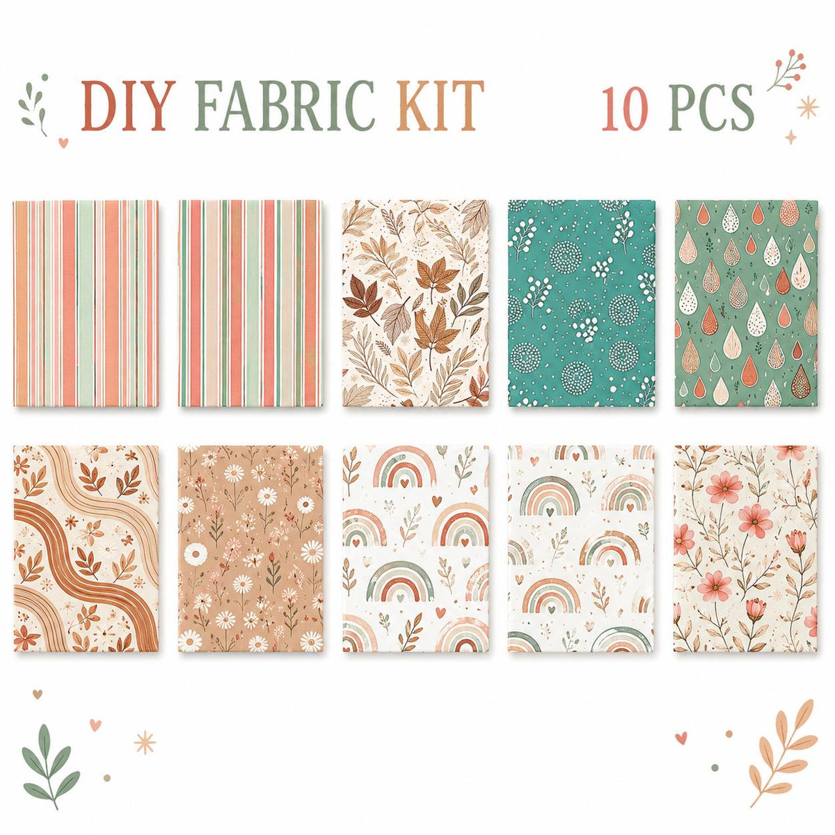 10pcs Charm Pack Set Floral Stripe Pattern Vintage Style Handmade DIY with Rich Color and Texture Elements 100% Polyester Patchwork in 10 Design Styles Suitable for Patchwork DIY Craft Projects DIY Wallet Making Gift Giving Bag Making Mother's Day Gift