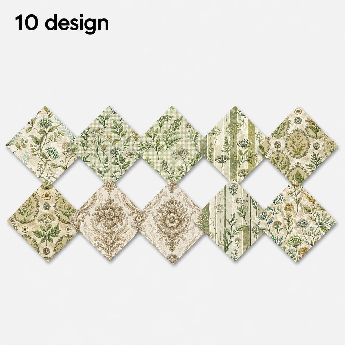 10pcs Charm Pack Set Green Floral Pattern 100% Polyester Patchwork in 10 Design Styles, Ready-to-Sew Without Cutting, Suitable For Patchwork Wallet Making Gift Giving Tote Bags Coasters DIY Craft Projects For Mother's Gift