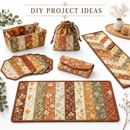 10pcs Vintage Autumn Floral Pattern Jelly Roll Fabric Strips 2.5X19.7inch Pre-Cut 100% Polyester For Patchwork Quilts, Table Runners, Placemats, Tote Bags, Storage Pouches, Makeup Bags, Coasters, Quilt Blocks & Binding