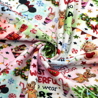 snowflake snow christmas drinks gingerbread man printed fabric