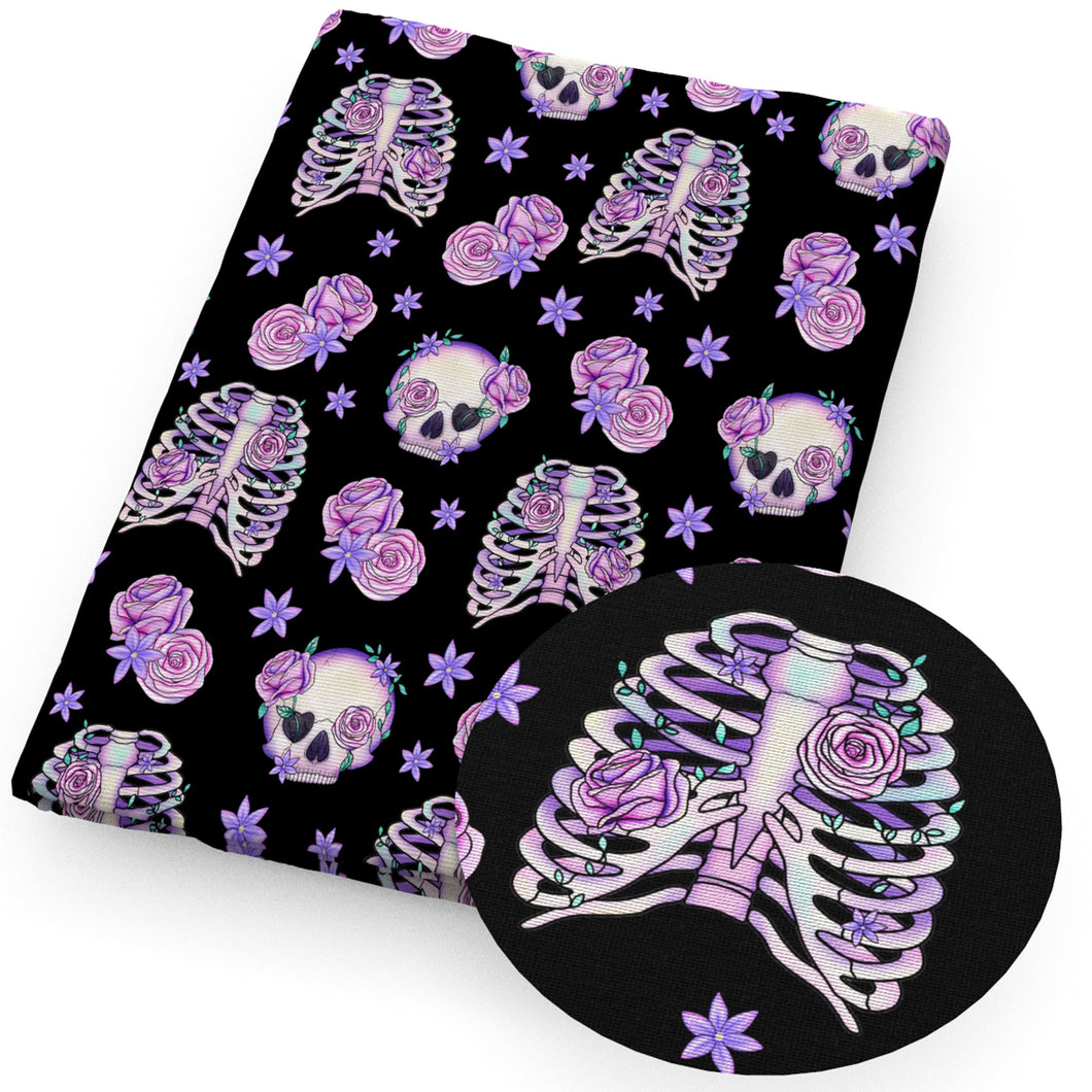 skull ghost skeleton bones flower floral printed fabric